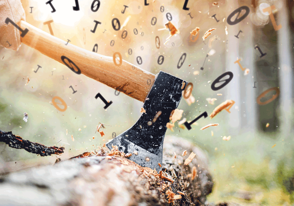 Immagine simbolica di un’accetta che colpisce un tronco. Le schegge di legno sono rappresentate sotto forma dei numeri 0 e 1.
