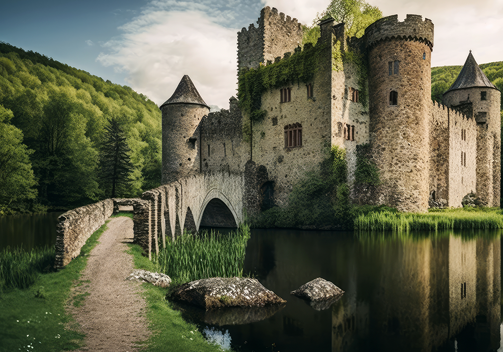 A medieval castle surrounded by a lake.